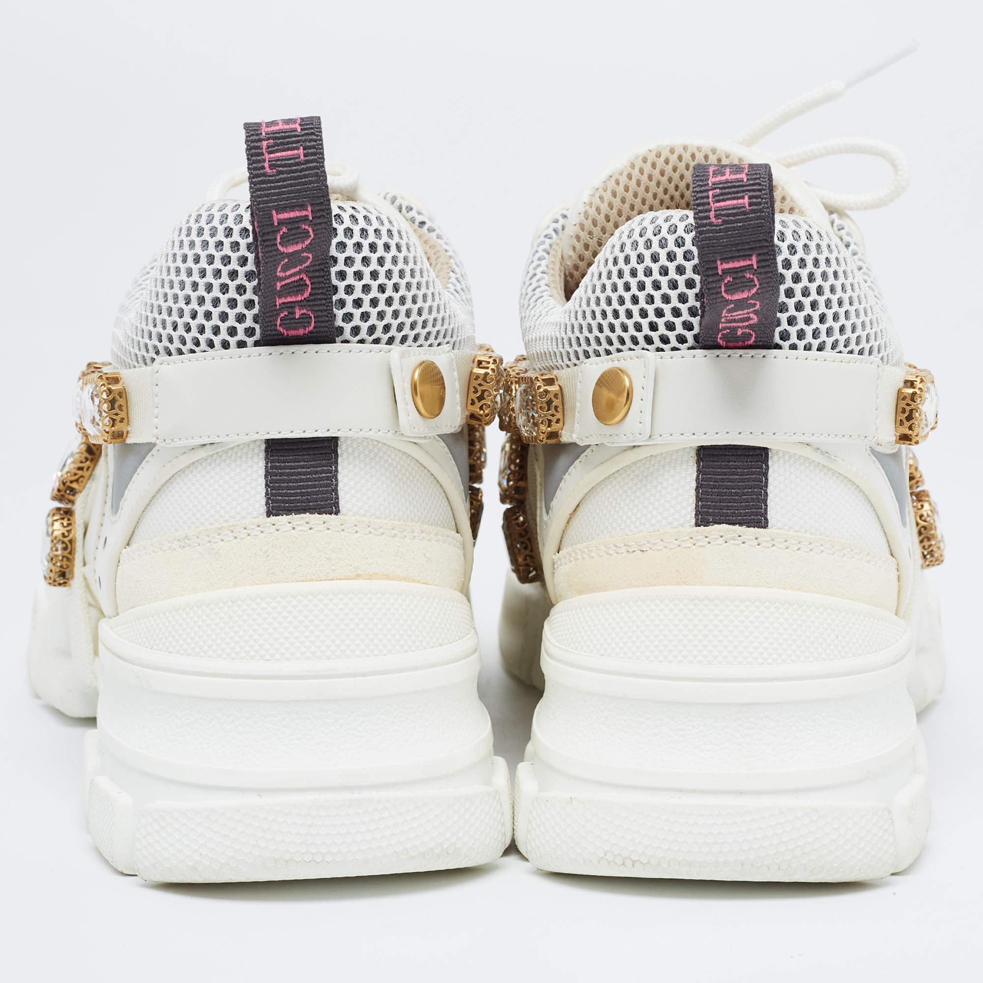 Gucci White/Grey Mesh and Leather Crystal Embellished Flashtrek Sneakers Size 40 For Sale 3