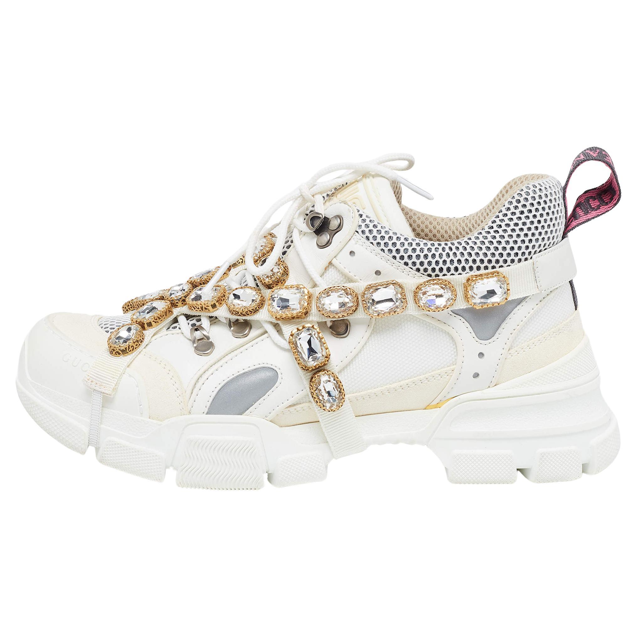 Gucci White/Grey Mesh and Leather Crystal Embellished Flashtrek Sneakers Size 40 For Sale