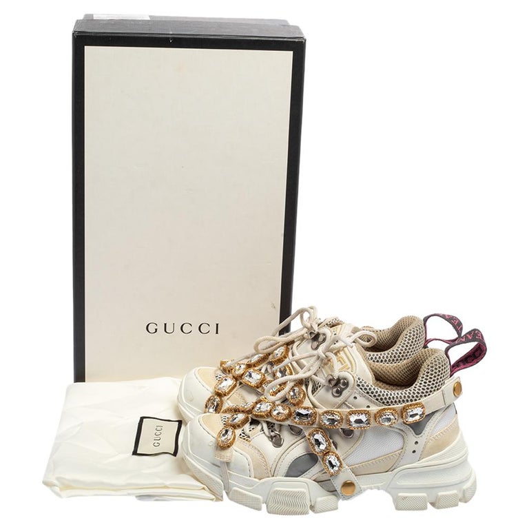 Gucci White/Grey Mesh And Leather Flashtrek Sneakers Size 35.5 at 1stDibs