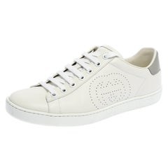 Gucci White/Grey Perforated Interlocking G Leather Ace Sneakers Size 37