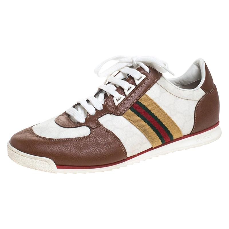 Gucci White Guccissima Canvas And Tan Leather Web Detail Sneakers Size 40.5