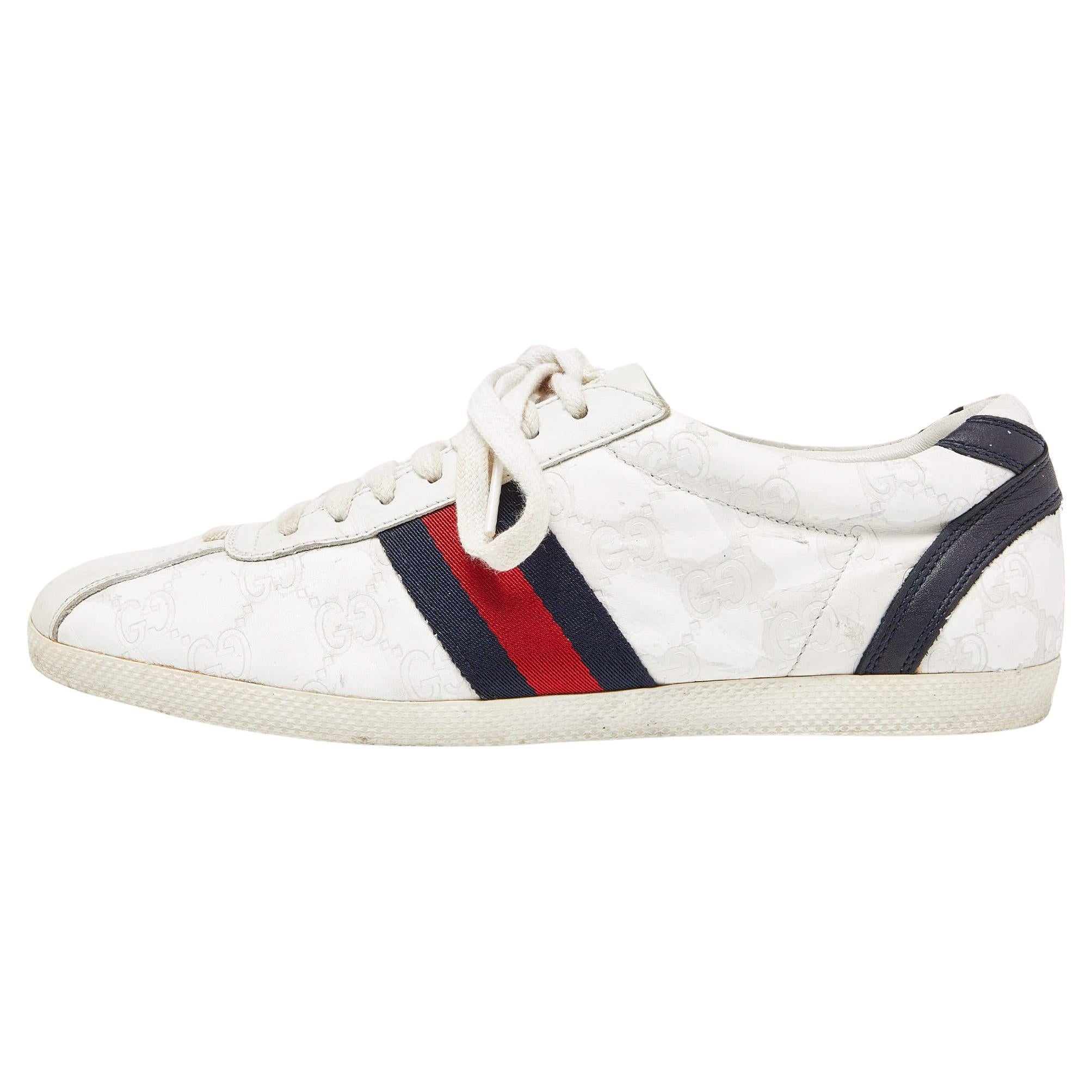 Gucci White Guccissima Leather Web Low Top Sneakers Size 37 For Sale