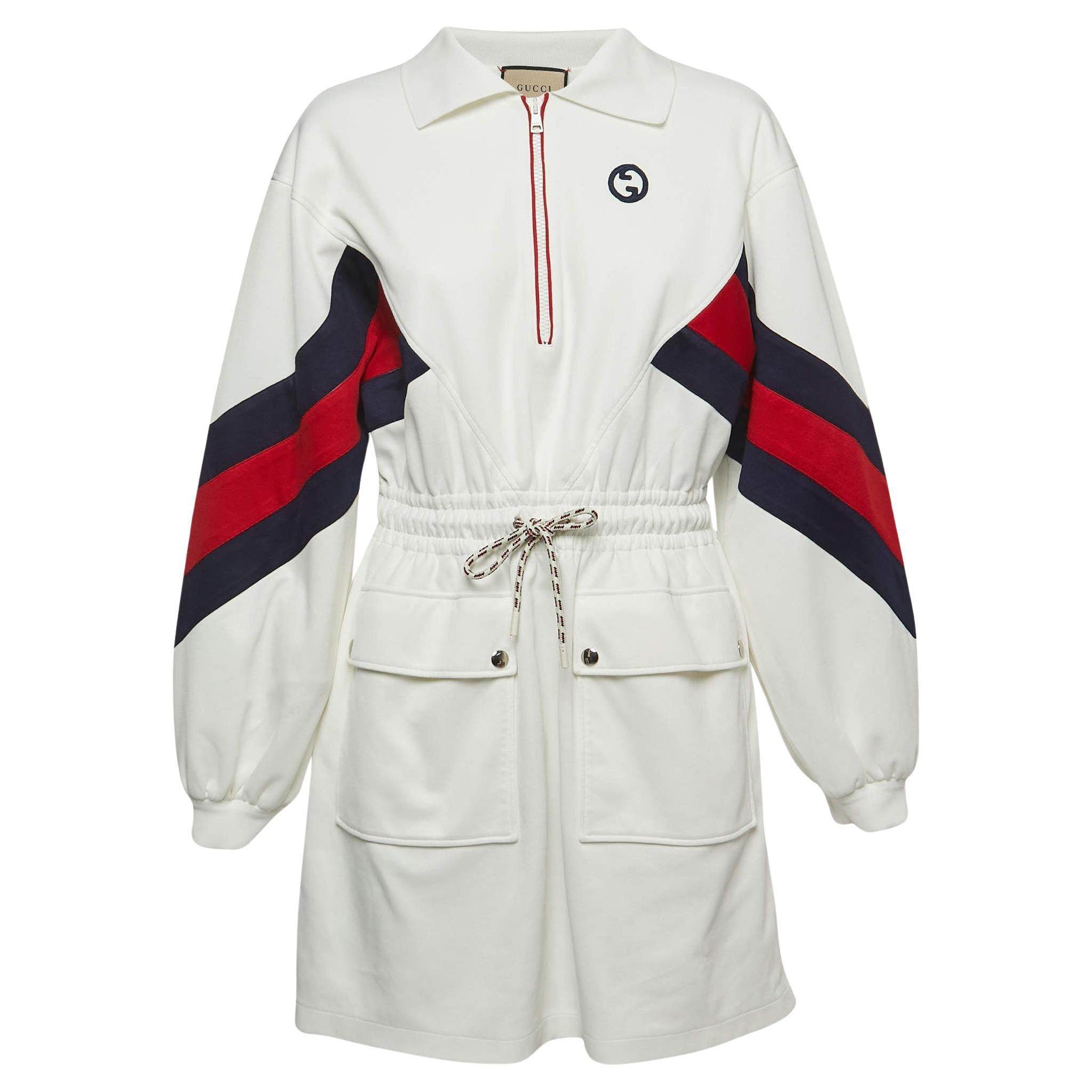 Gucci White Knit Interlocking G Web Detailed Mini Polo Dress M For Sale