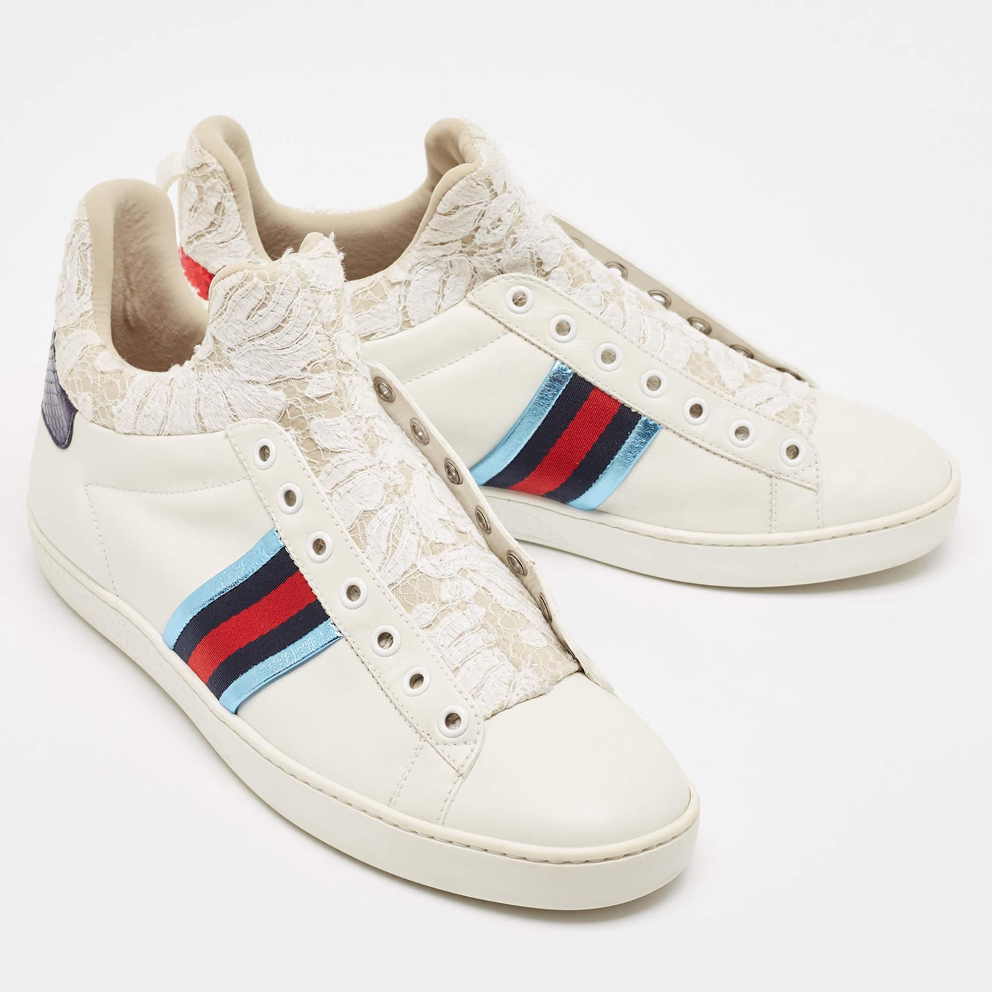 Women's Gucci White Lace and Leather Ace Slip On Sneakers Size 39.5