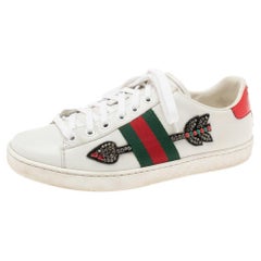 Gucci White Leather Ace Arrow Crystals Embellished Low Top Sneakers Size 37.5