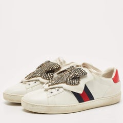 Gucci White Leather Ace Beaded Bow Lace Up Sneakers Size 38