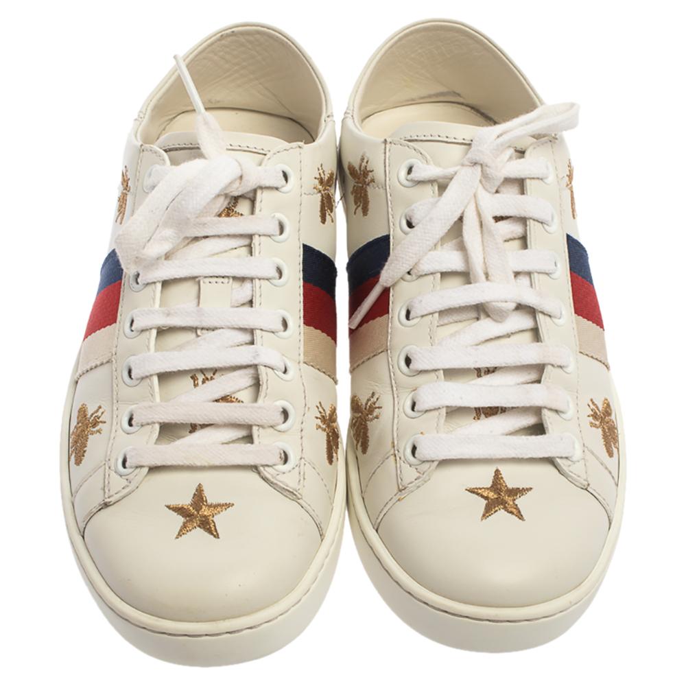 Gucci White Leather Ace Bee Star Sneakers Size 35 In Good Condition In Dubai, Al Qouz 2