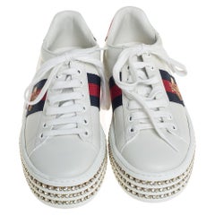 Gucci White Leather Ace Crystal Embellished Platform Sneakers Size 34