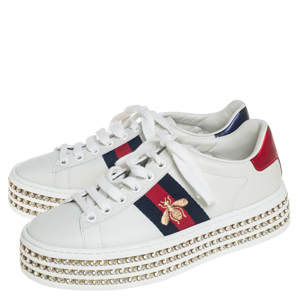 Gucci White Leather Ace Crystal Embellished Platform Sneakers Size 34 In Excellent Condition In Dubai, Al Qouz 2
