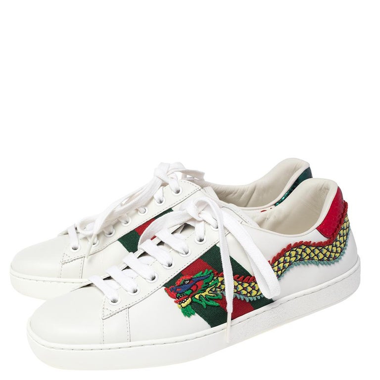 Gucci White Leather Ace Dragon Embroidered Low Top Sneakers Size