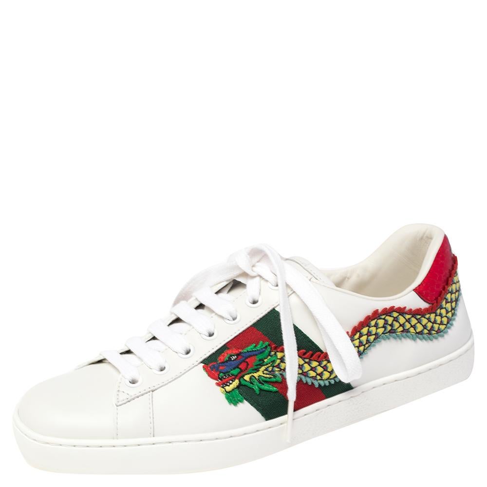 Gucci White Leather Ace Dragon Embroidered Low Top Sneakers Size 40