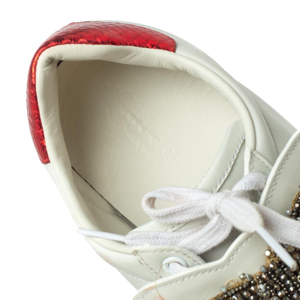 Women's Gucci White Leather Ace Embellished Bow Patch Lace Up Sneakers Size 37