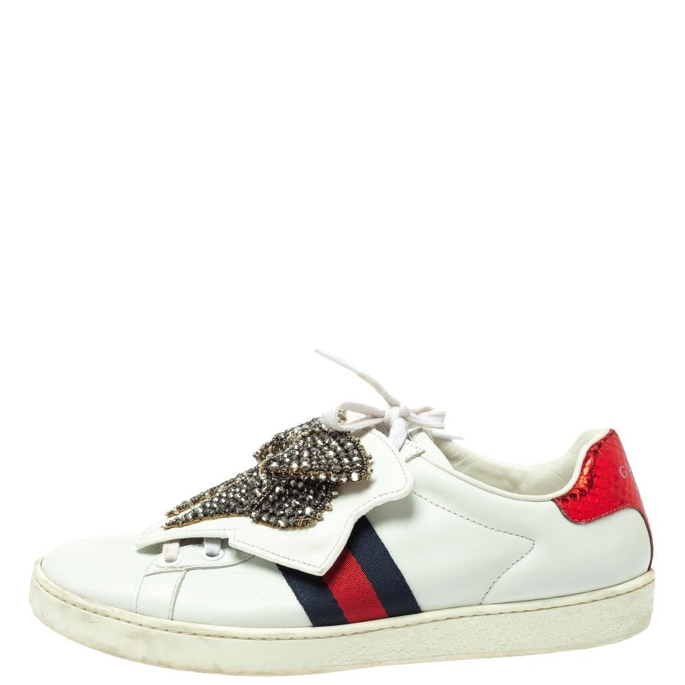 Gucci White Leather Ace Embellished Bow Patch Lace Up Sneakers Size 37 1