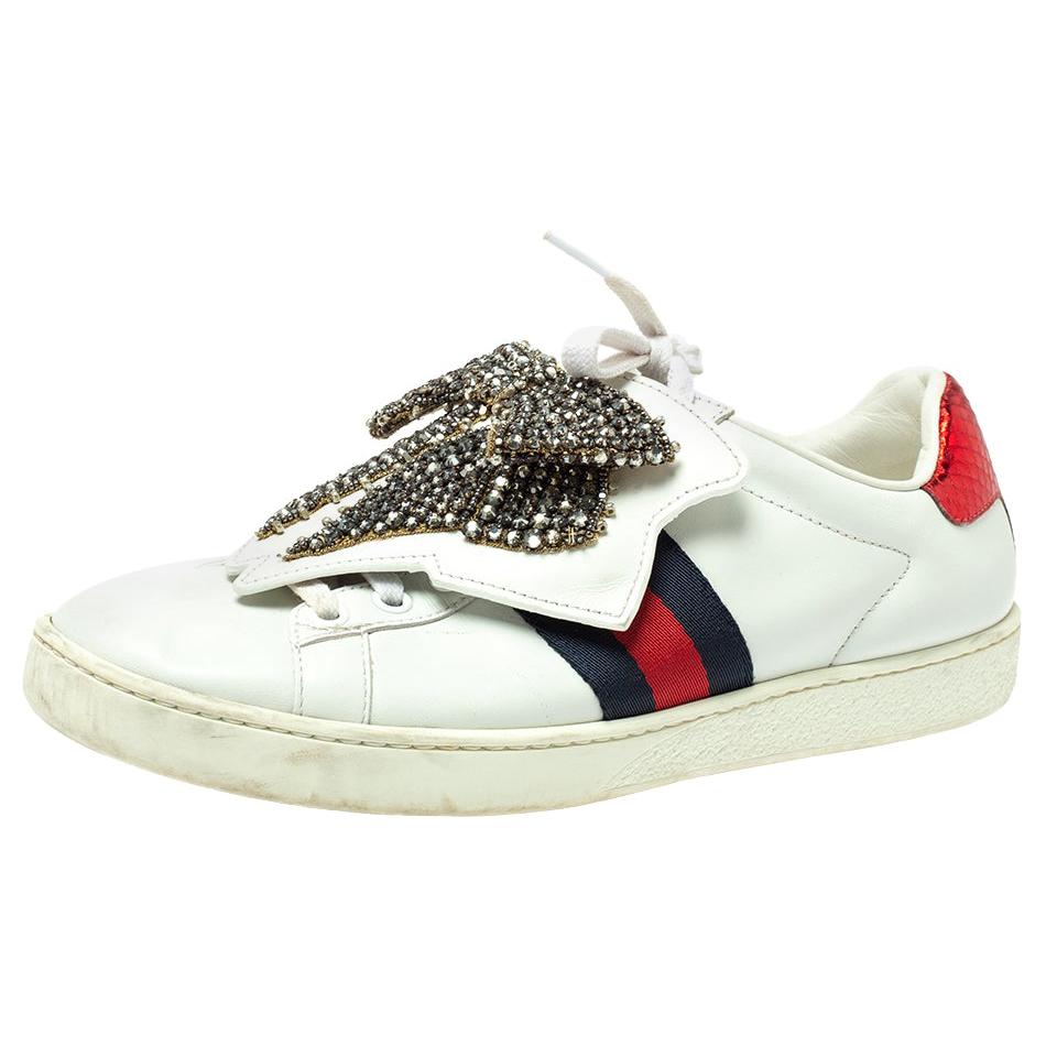 Gucci White Leather Ace Embellished Bow Patch Lace Up Sneakers Size 37