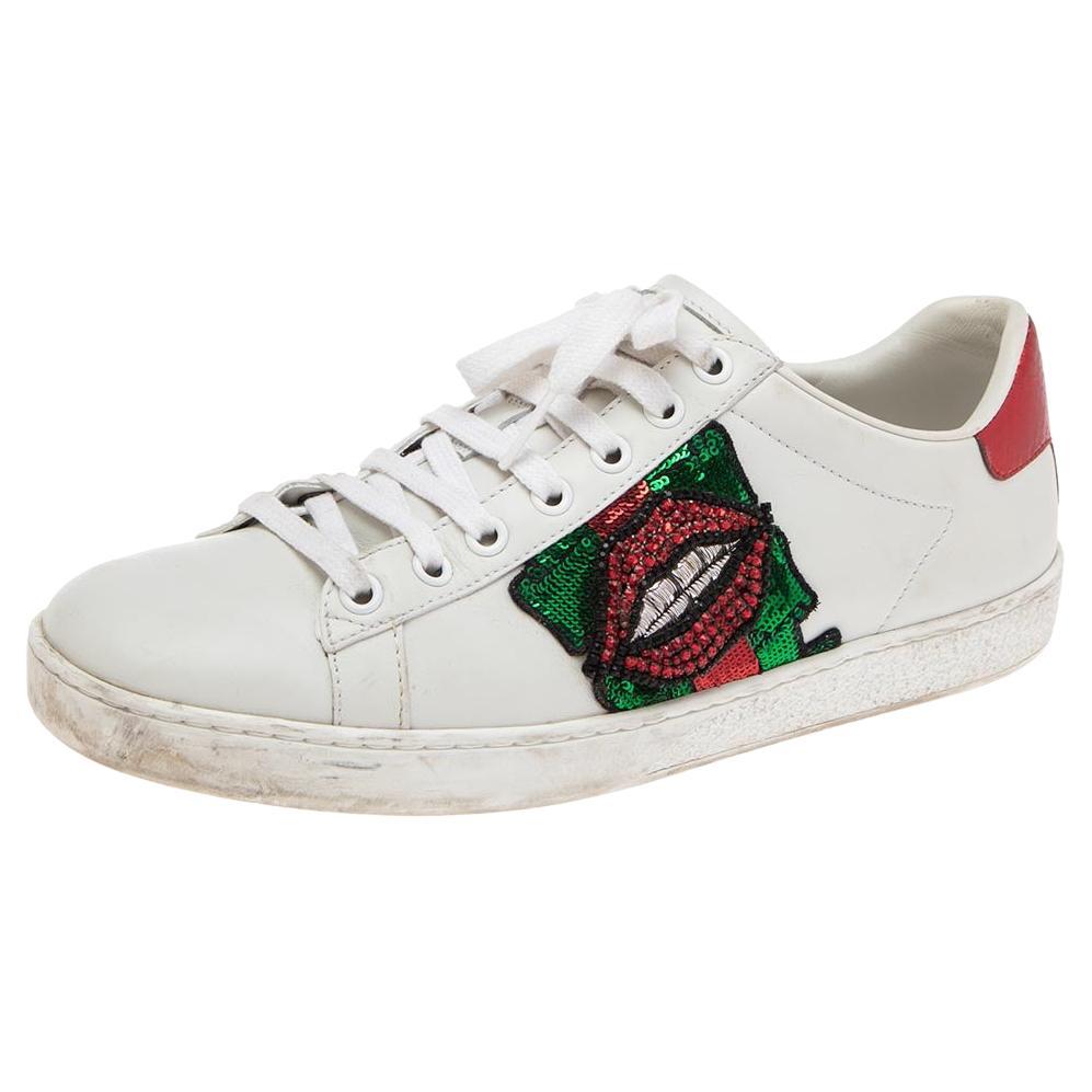 Gucci White Leather Ace Embellished Low 