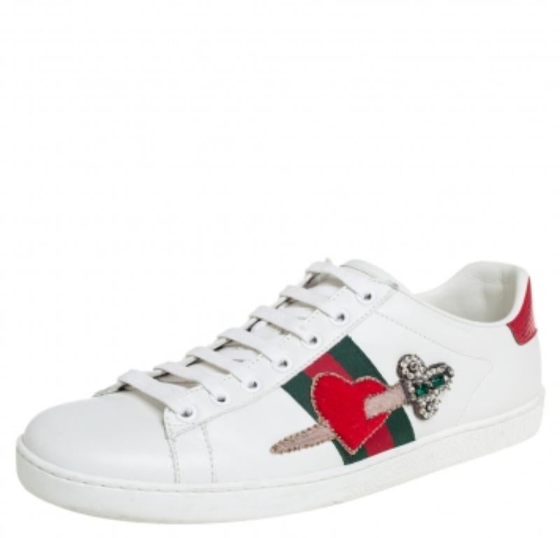Gray Gucci White Leather Ace Embellished  Low Top Sneakers Size 39 For Sale