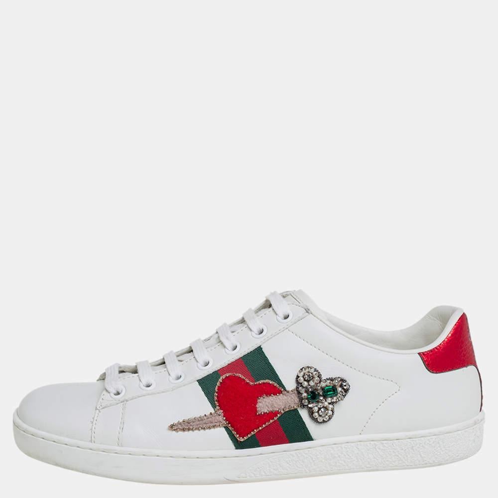 Gray Gucci White Leather Ace Embellished Low Top Sneakers Size 39 For Sale