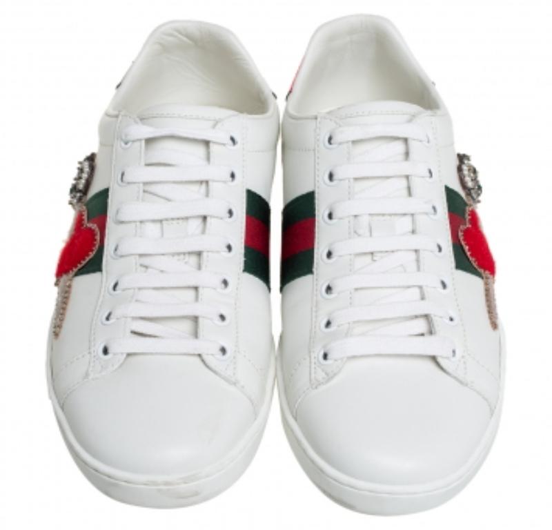 Women's Gucci White Leather Ace Embellished  Low Top Sneakers Size 39 For Sale