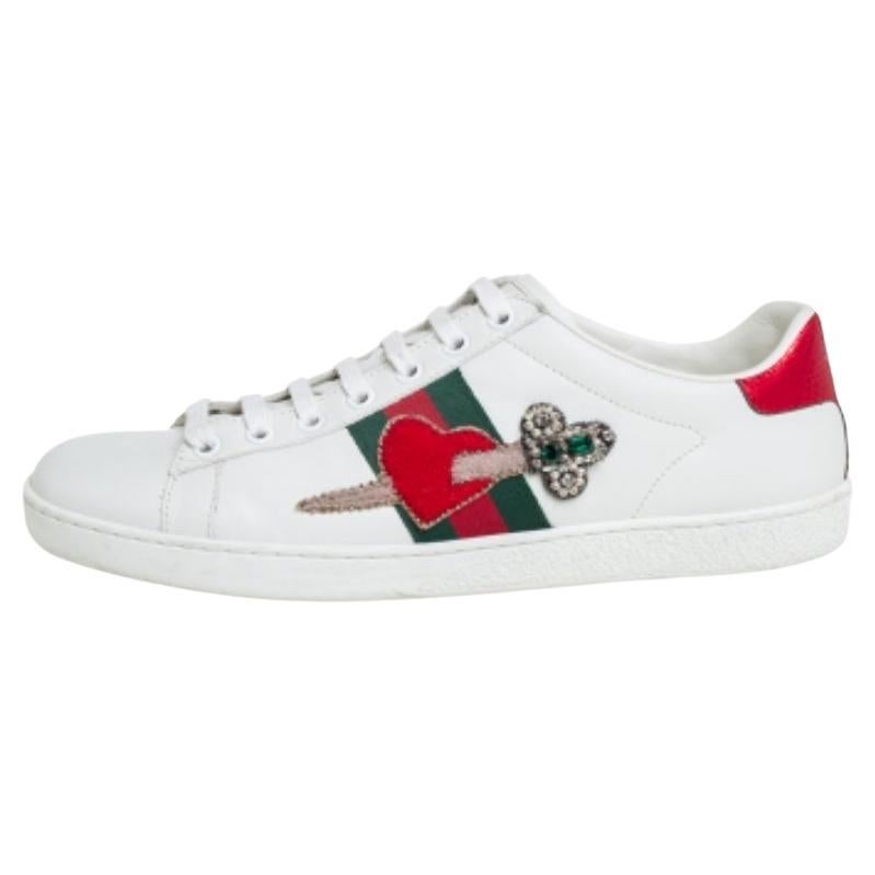 Gucci White Leather Ace Embellished  Low Top Sneakers Size 39 For Sale