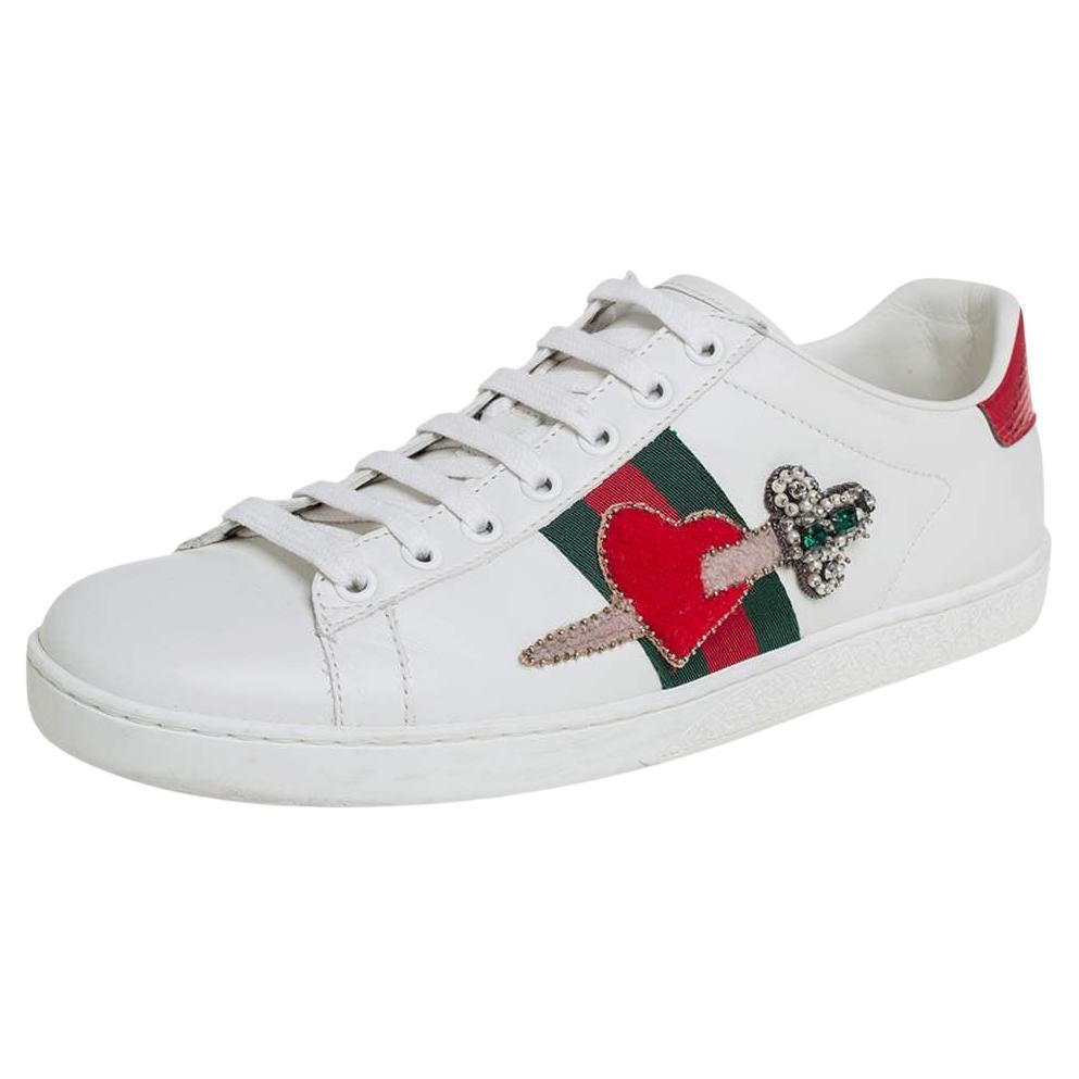 Gucci White Leather Ace Embellished Low Top Sneakers Size 39 For Sale