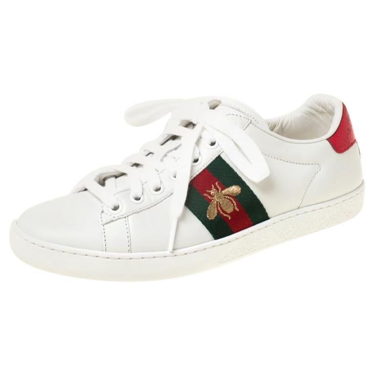 White Leather Ace Embroidered Bee Low Top 36 For Sale at