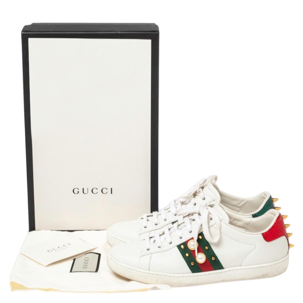 Gucci White Leather Ace Faux Pearl Embellished Low Top Sneakers Size 36 1