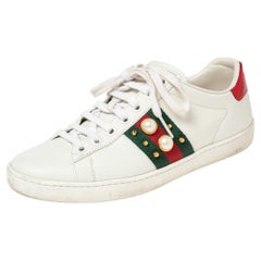 Gucci White Leather Ace Faux Pearl Embellished Low Top Sneakers Size 36