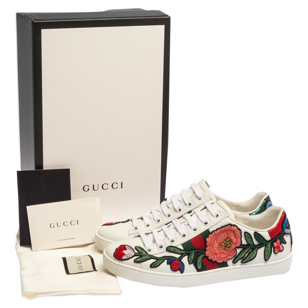 Gucci White Leather Ace Floral-Embroidered Web Low Top Sneakers Size 36 1