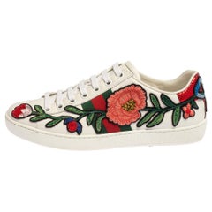 Gucci White Leather Ace Floral-Embroidered Web Low Top Sneakers Size 36