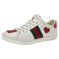 Gucci White Leather Ace Heart Web Low Top Sneakers Size 37