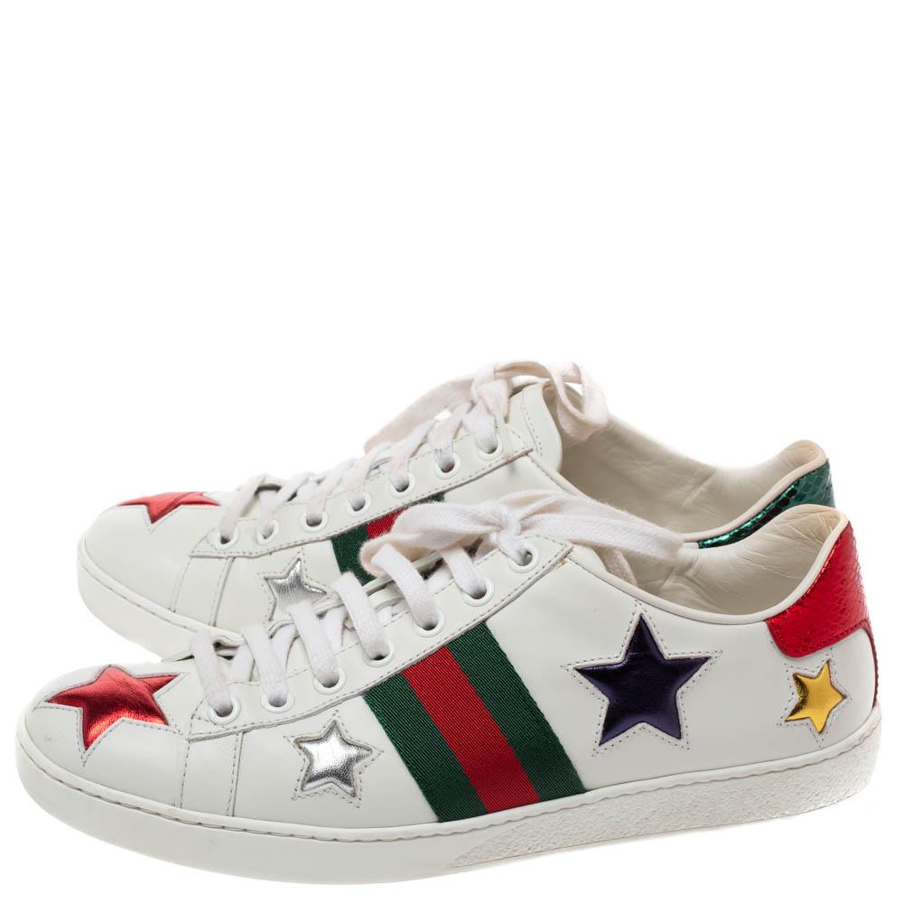 Gray Gucci White Leather Ace Metallic Stars Low Top Sneakers Size 35.5
