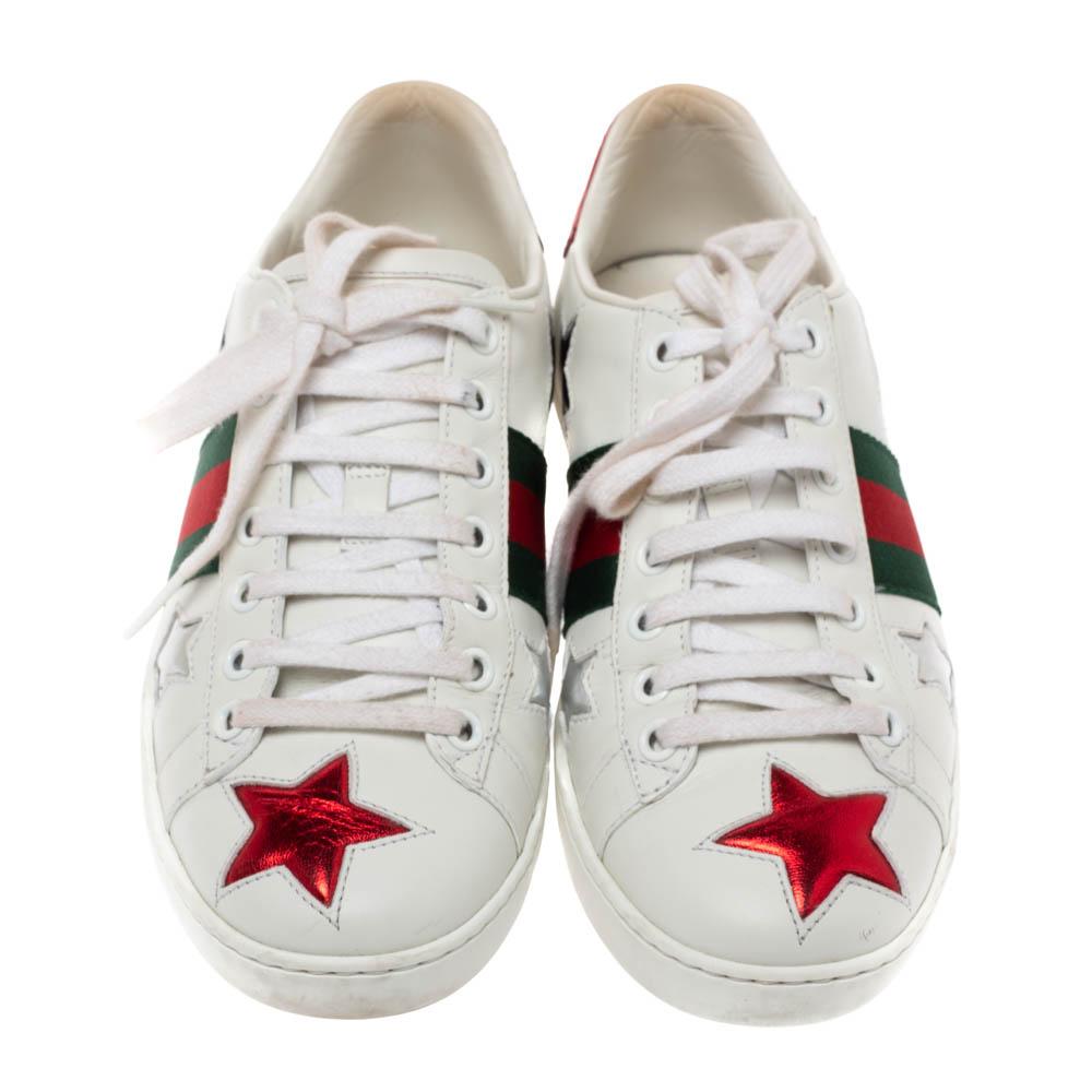 Gucci White Leather Ace Metallic Stars Low Top Sneakers Size 35.5 In Good Condition In Dubai, Al Qouz 2