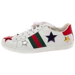 Gucci White Leather Ace Metallic Stars Low Top Sneakers Size 35.5