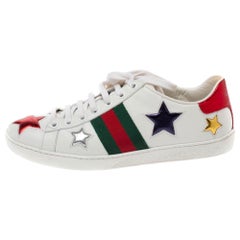 Gucci White Leather Ace Metallic Stars Low Top Sneakers Size 35.5
