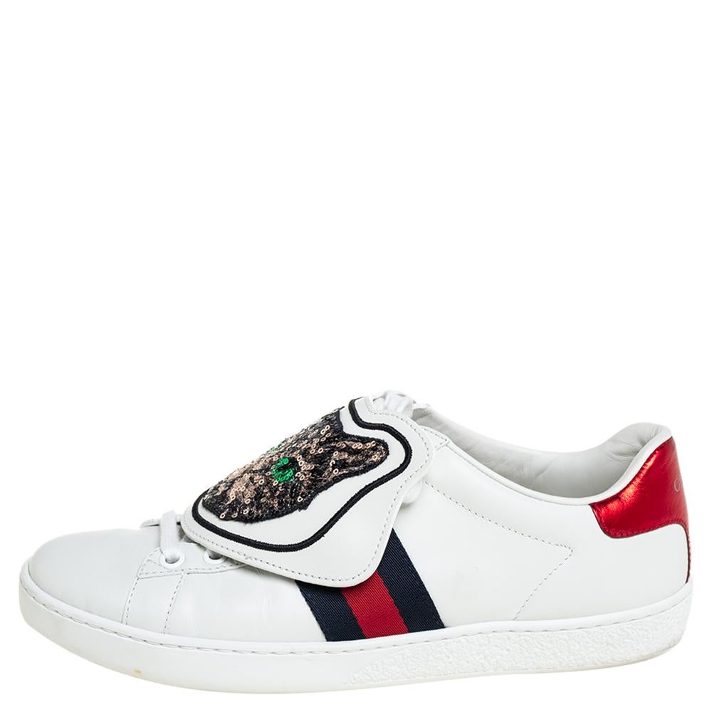 Gray Gucci White Leather Ace Removable Patches Sneakers Size 35.5