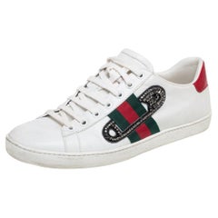 Gucci White Leather Ace Safety Pin Embellished Low Top Sneakers Size 38.5