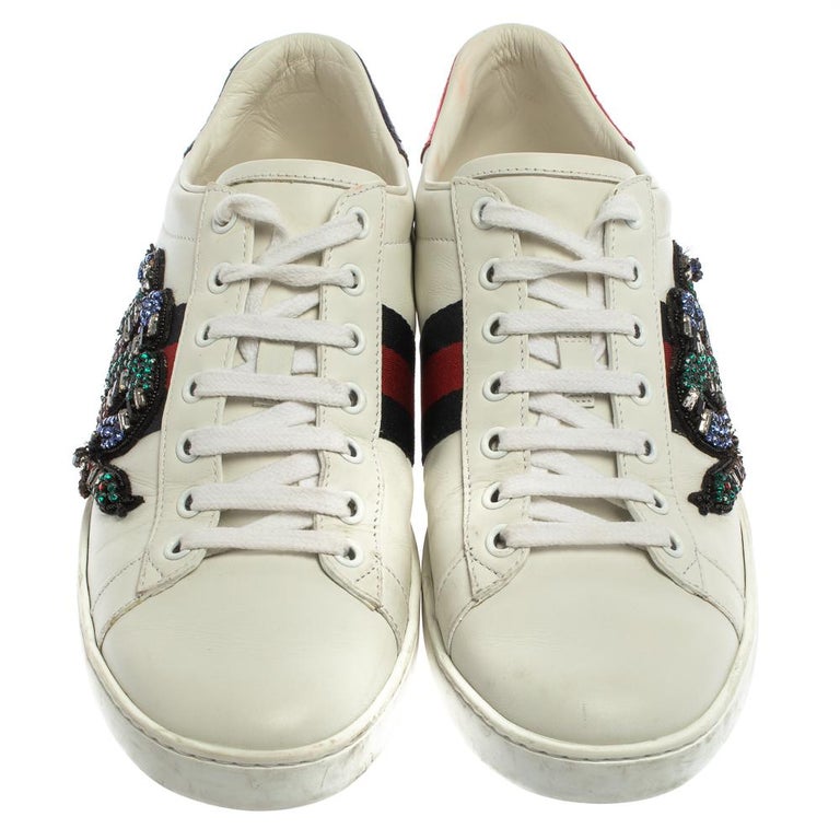 Gucci White Leather Ace Snake Crystal Embellished Low Top Sneakers Size  38.5 For Sale at 1stDibs