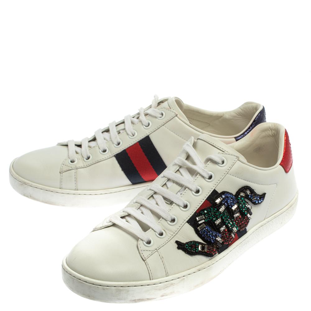 Women's Gucci White Leather Ace Snake Crystal Embellished Low Top Sneakers Size 38.5