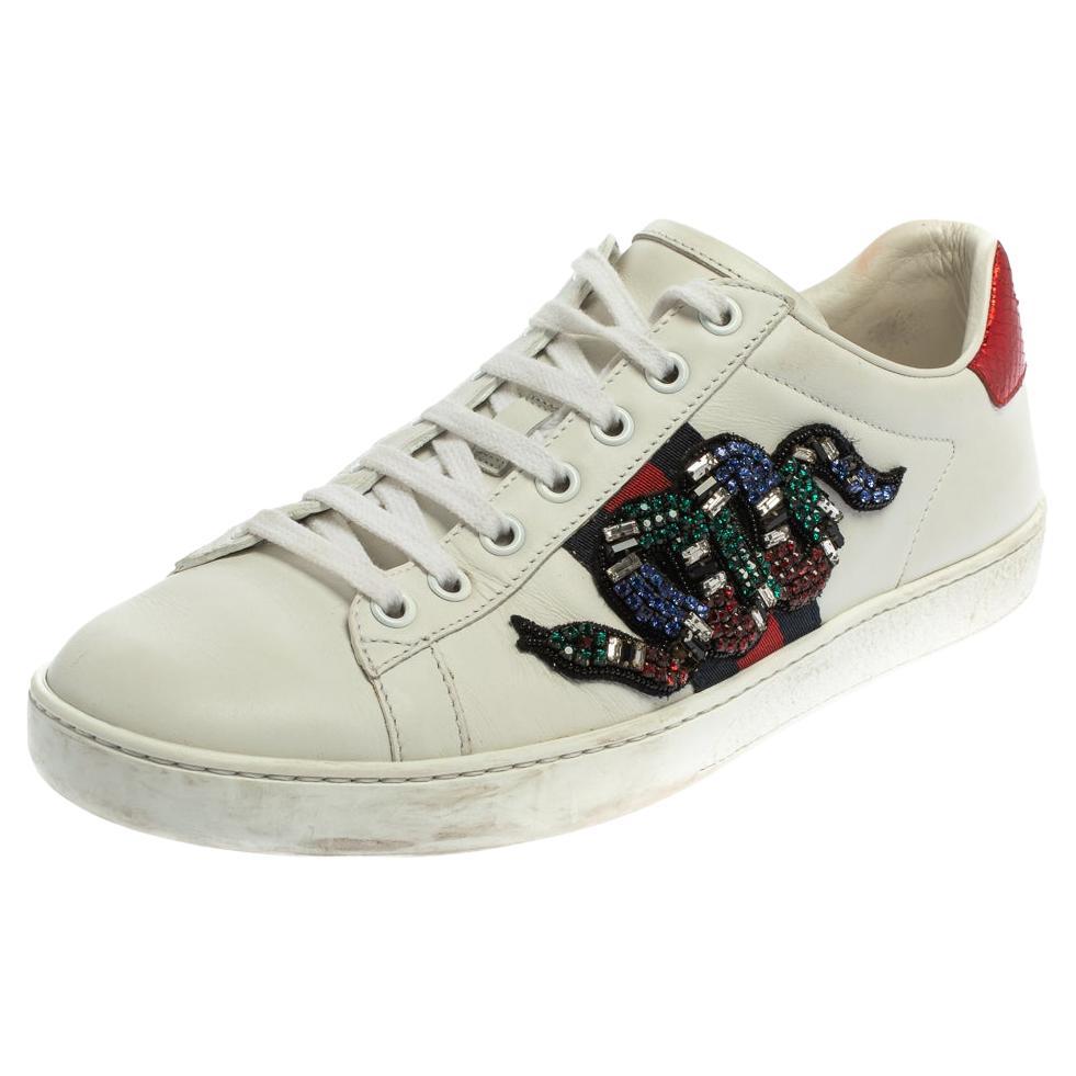 White Leather Ace Snake Crystal Embellished Low Top Sneakers Size 38.5 For Sale 1stDibs