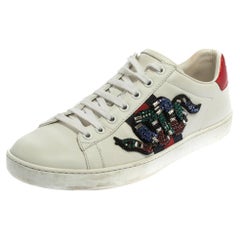 Gucci White Leather Ace Snake Crystal Embellished Low Top Sneakers Size 38.5