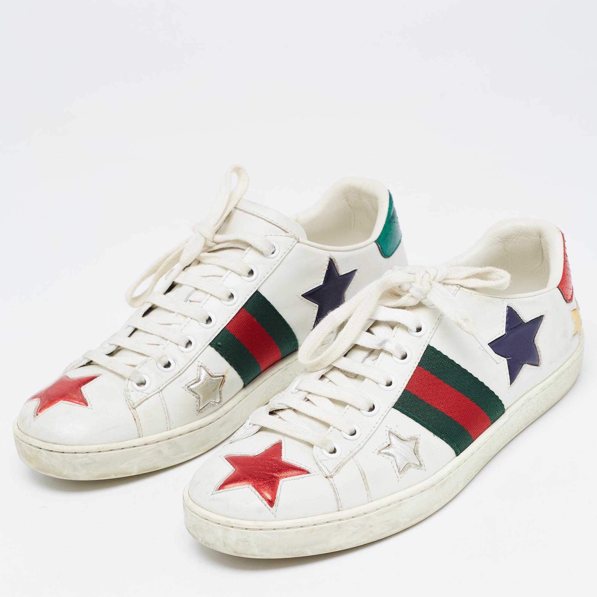 Gucci White Leather Ace Stars Low Top Sneakers Size 37.5 In Good Condition For Sale In Dubai, Al Qouz 2