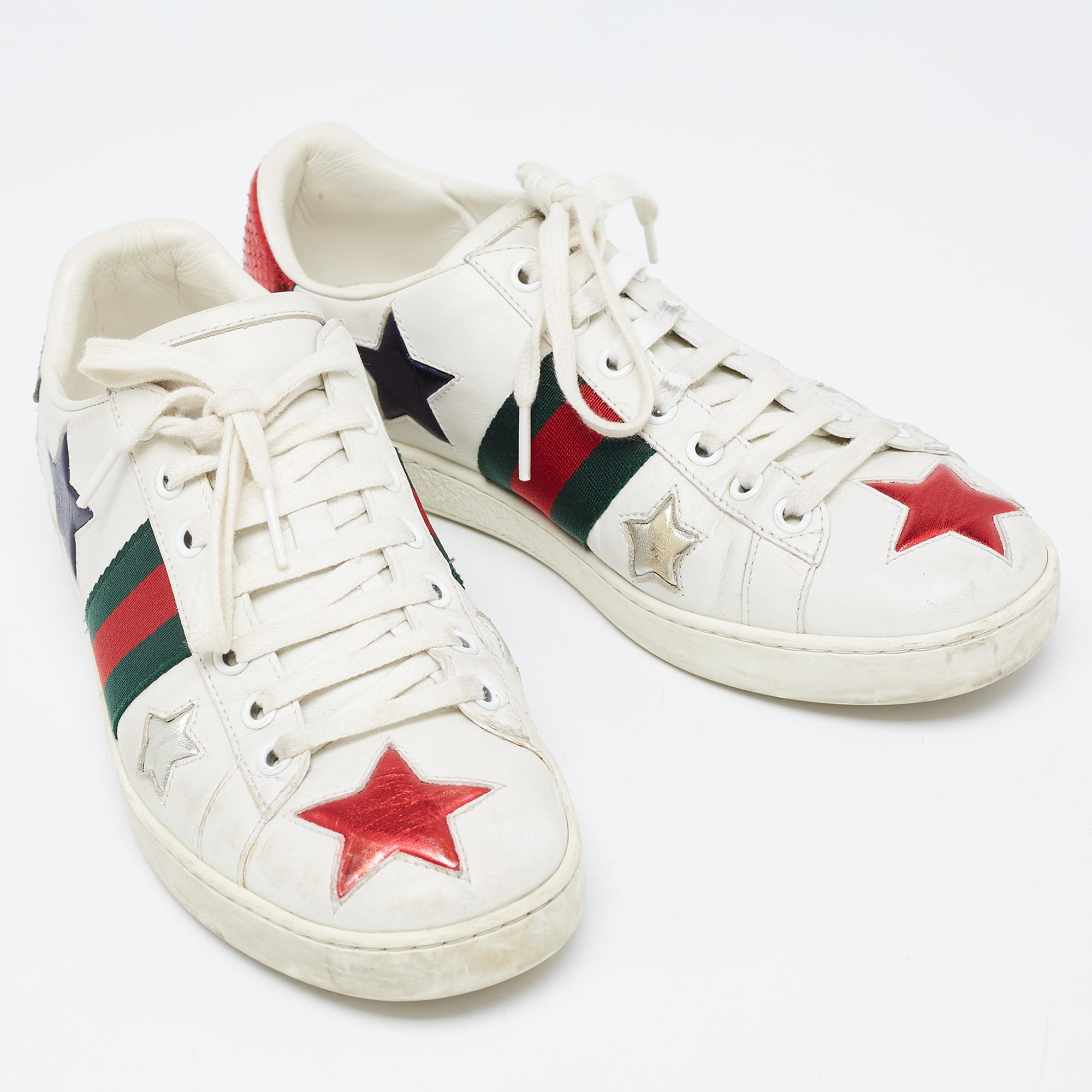 Gucci White Leather Ace Stars Low Top Sneakers Size 37.5 For Sale 2
