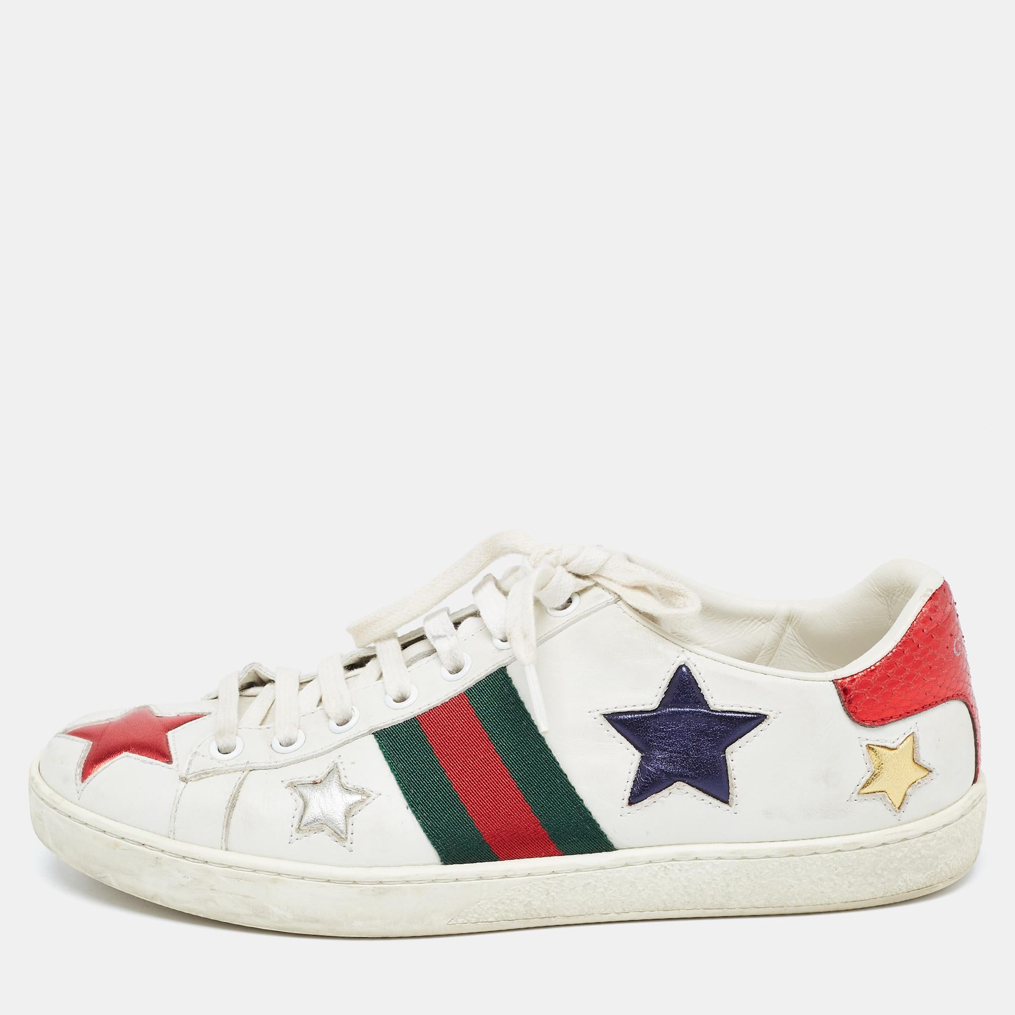 Gucci White Leather Ace Stars Low Top Sneakers Size 37.5 For Sale 4