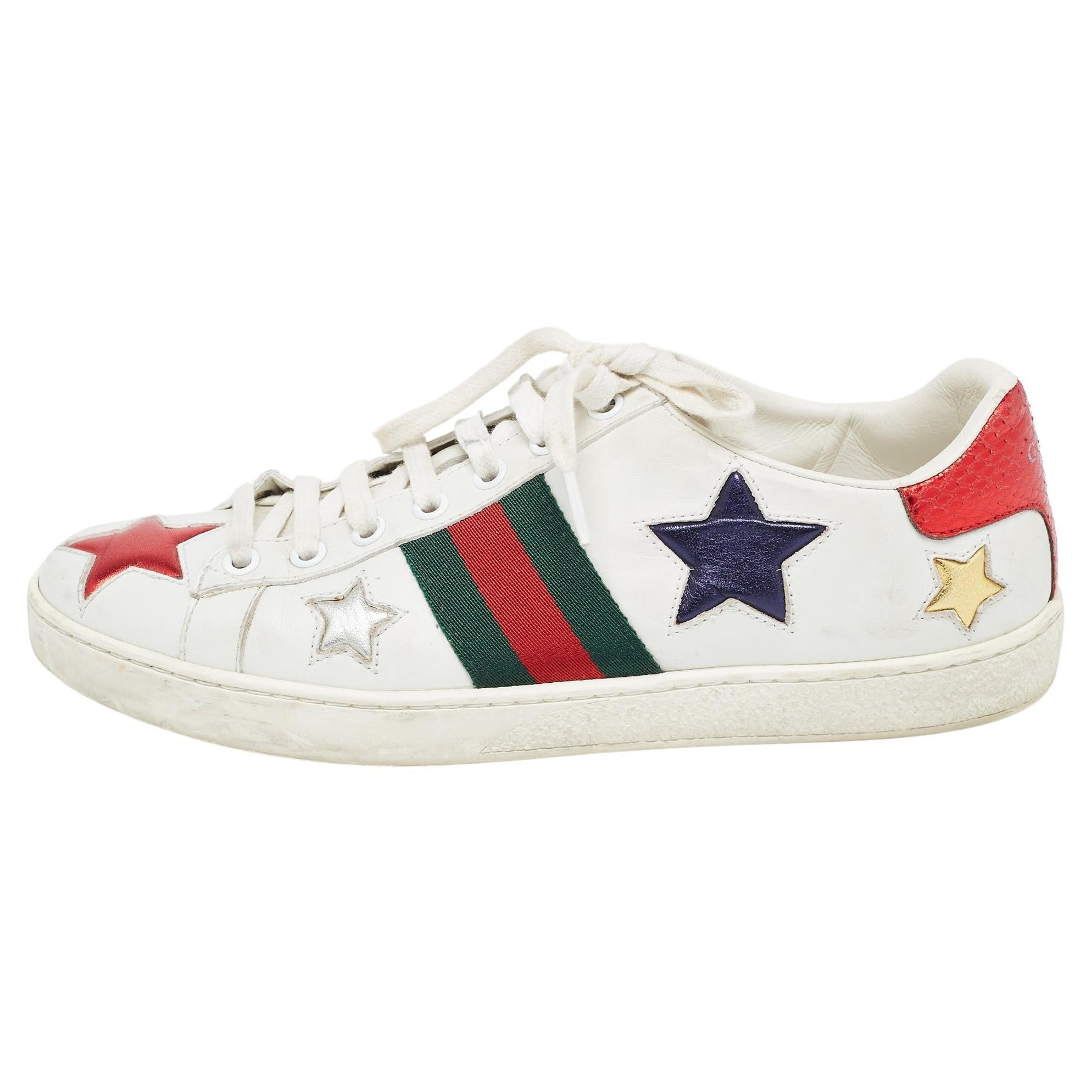 Gucci White Leather Ace Stars Low Top Sneakers Size 37.5 For Sale