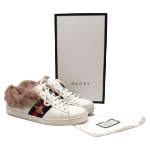 Gucci White Leather Ace Trainers with Lambs Fur Trim For Sale