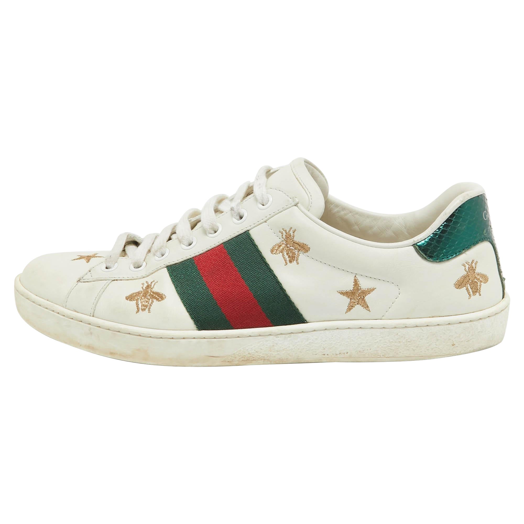 Gucci White Leather Ace Web Bee Embroidered Low Top Sneakers Size 41