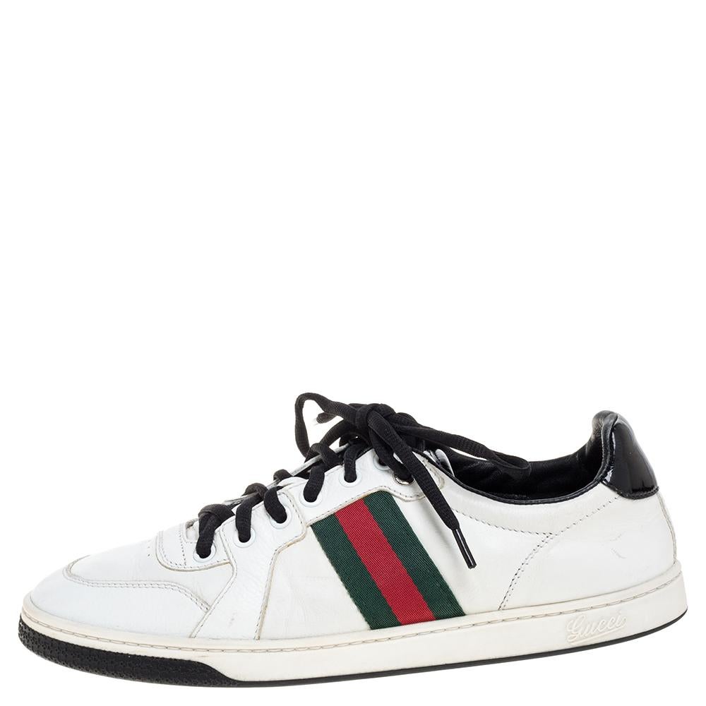 Gucci White Leather Ace Web Detail Low Top Sneakers Size 39 In Good Condition In Dubai, Al Qouz 2