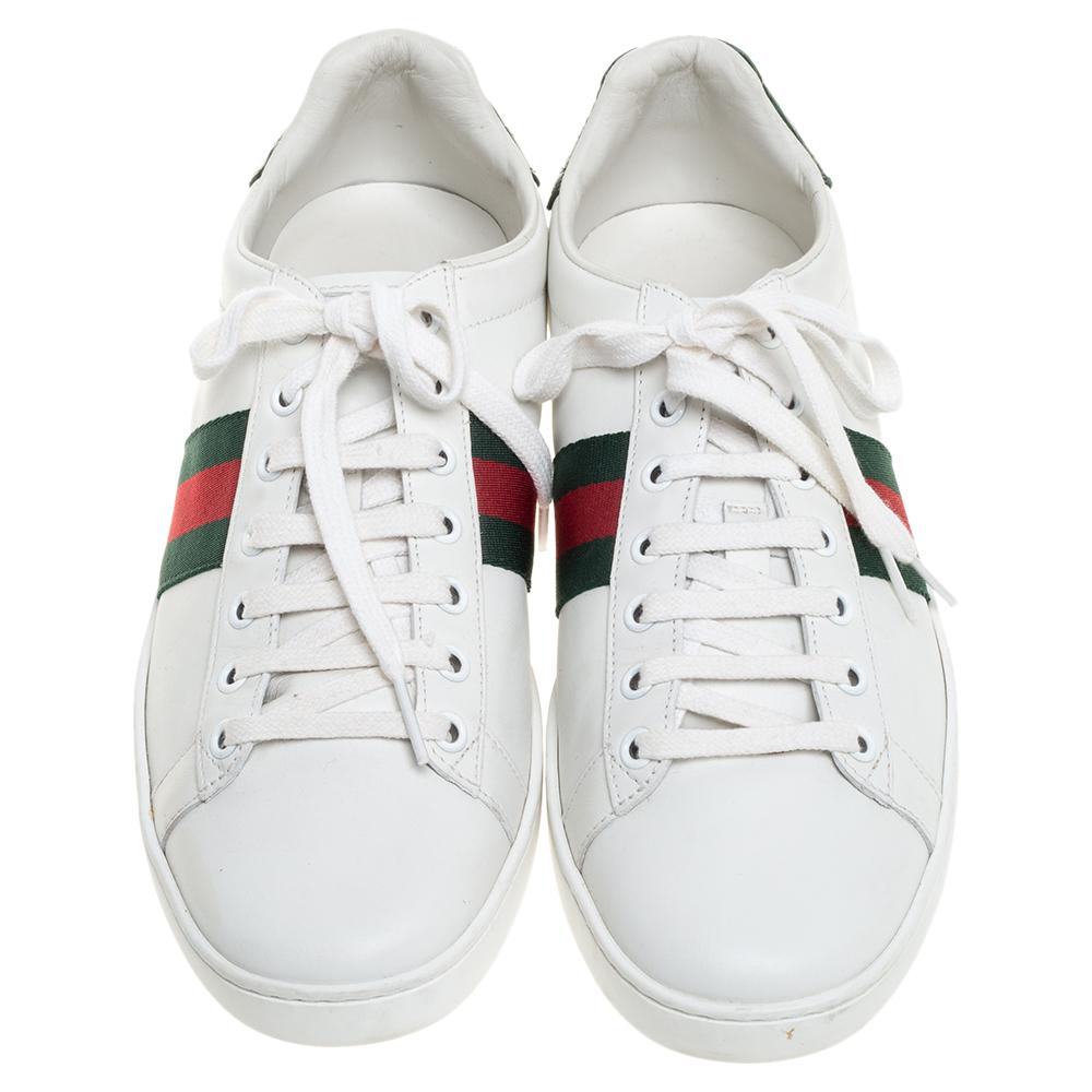 Gucci White Leather Ace Web Detail Low Top Sneakers Size 40 In Good Condition In Dubai, Al Qouz 2