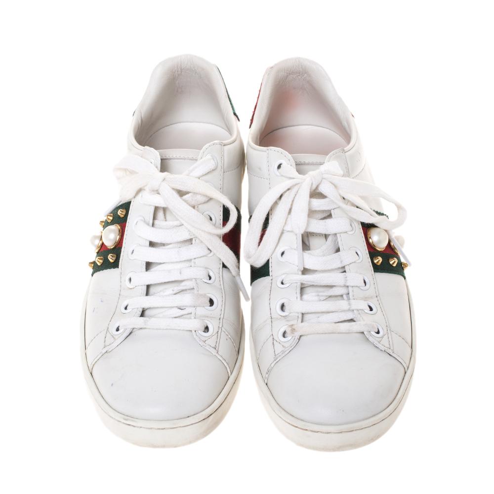 Gray Gucci White Leather Ace Web Embellished Low Top Sneakers Size 37