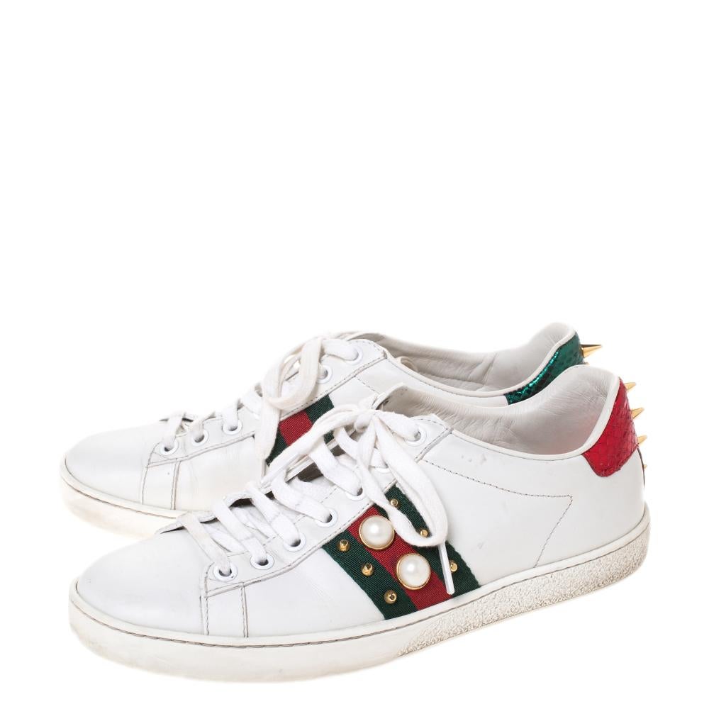 Women's Gucci White Leather Ace Web Embellished Low Top Sneakers Size 37